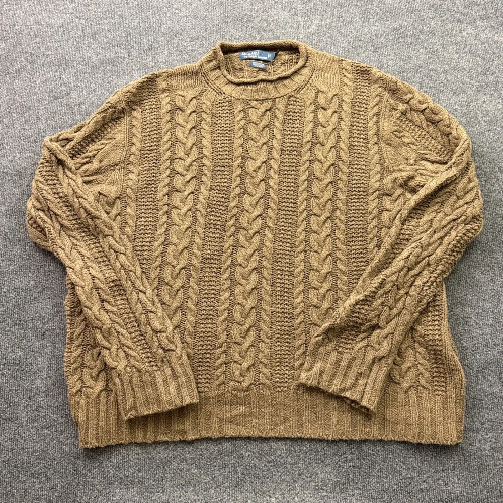 Polo Ralph Lauren Cable Knit Sweater Mens XXL Brown Cotton Hemp Roll Coller